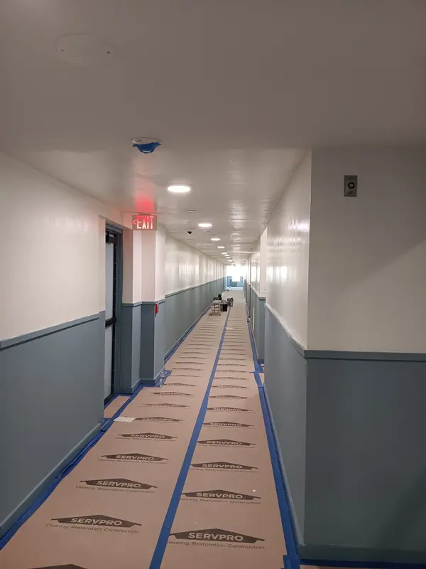 Long corridor with gray wainscot paint and paper floor protection taped down the center