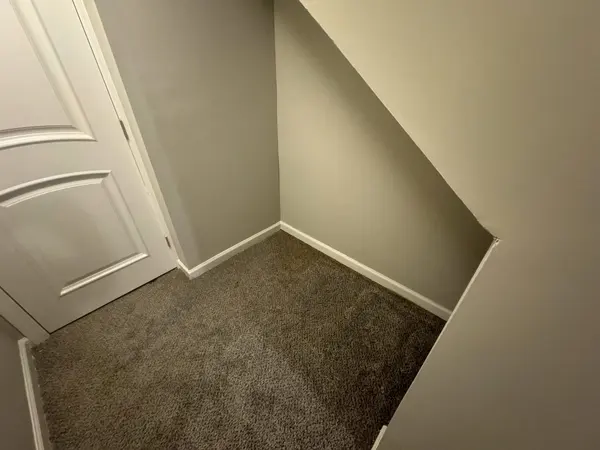 Stairwell corner in soft sage with crisp white trim against new carpet