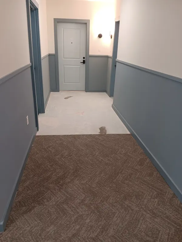 Short corridor with blue-gray wainscot, white walls, a sconce and new carpet