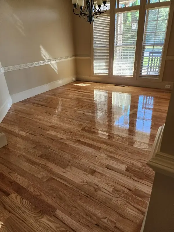 Freshly coated oak floor reflecting tall windows in a room with chair rail