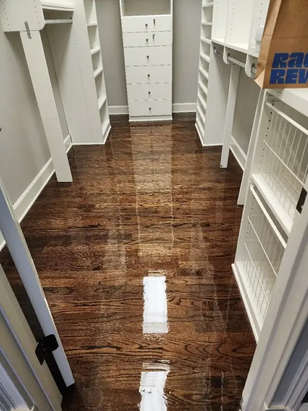 Walk-in closet with white shelving and a high-gloss refinished oak floor
