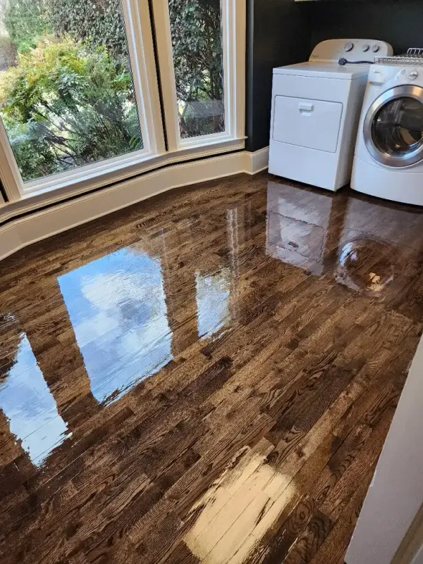 Laundry area with a glossy dark refinished oak floor reflecting a bay window
