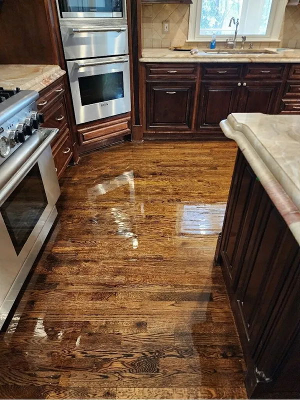 Kitchen with dark cabinets and a stainless range over high-gloss refinished oak flooring